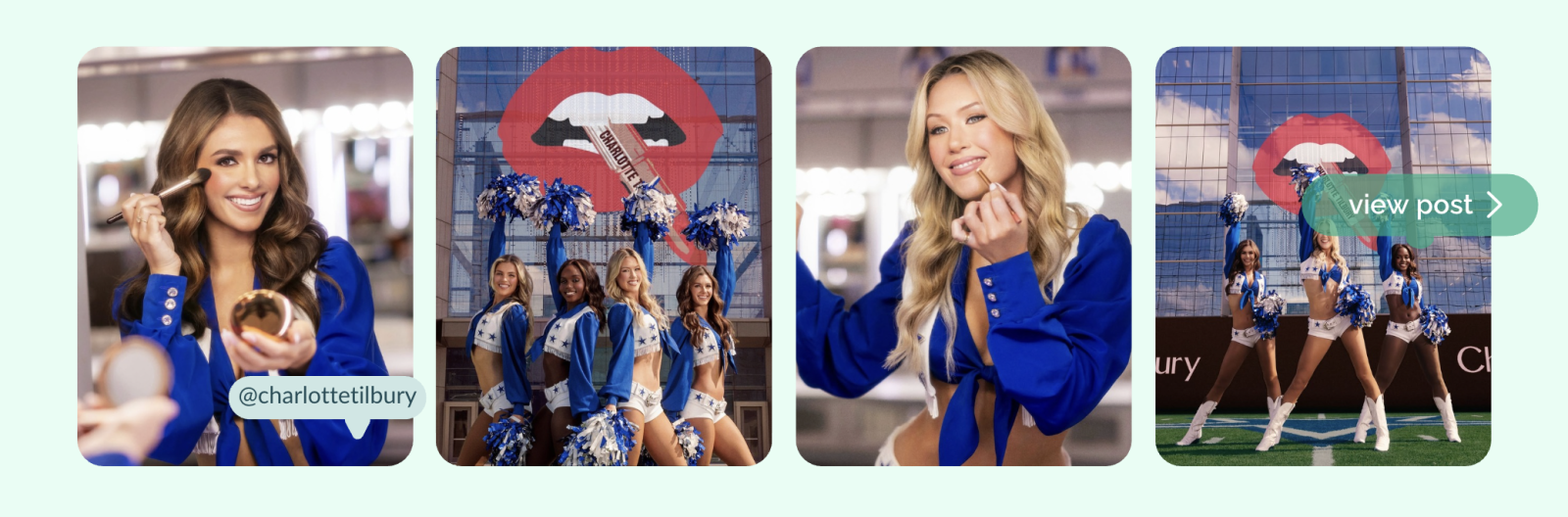 Content marketing examples of Charlotte Tilbury x Dallas Cowboys Cheerleaders partnership with the team posing and cheering.