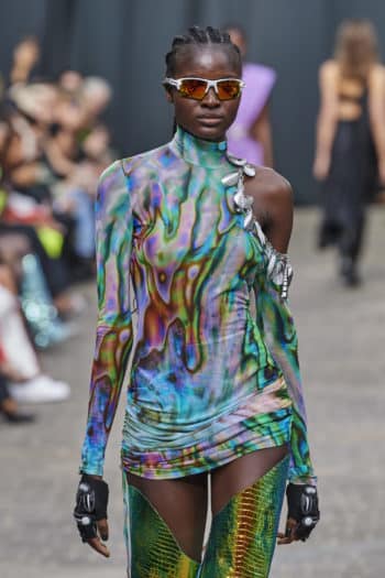 Holographic one shoulder dress David Koma fashion Week SS23