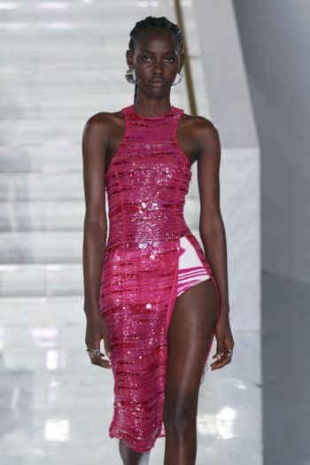 Bright pink cut out glitter dress at Missoni Milan Fashion Week SS23 2022