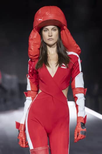 puma red and white wrap around tracksuit at new york fashion week