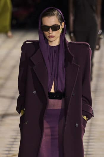 Dark purple oversized trench coat at Saint Laurent Fashion week