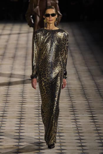 floor length metallic dress at Saint Laurent Fashion week