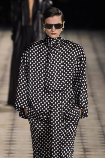 black and white polka dot outfit at Saint Laurent Fashion week