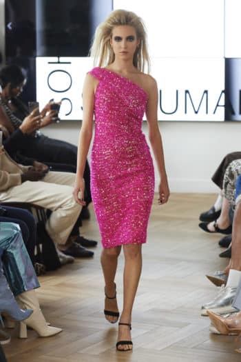 Sohuman Mid length pink shimmer dress at London fashion weekSS23