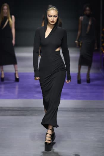 Long gothic black dress with hood at Versace Milan Fashion Week SS23