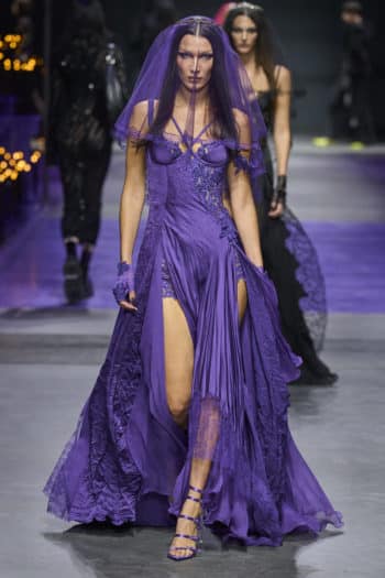 Gothic purple floor length dress with veil at Versace Milan Fashion Week SS23