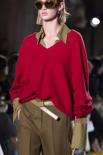 Red oversized v neck sweater at Tory Burch for New York Fashion Week